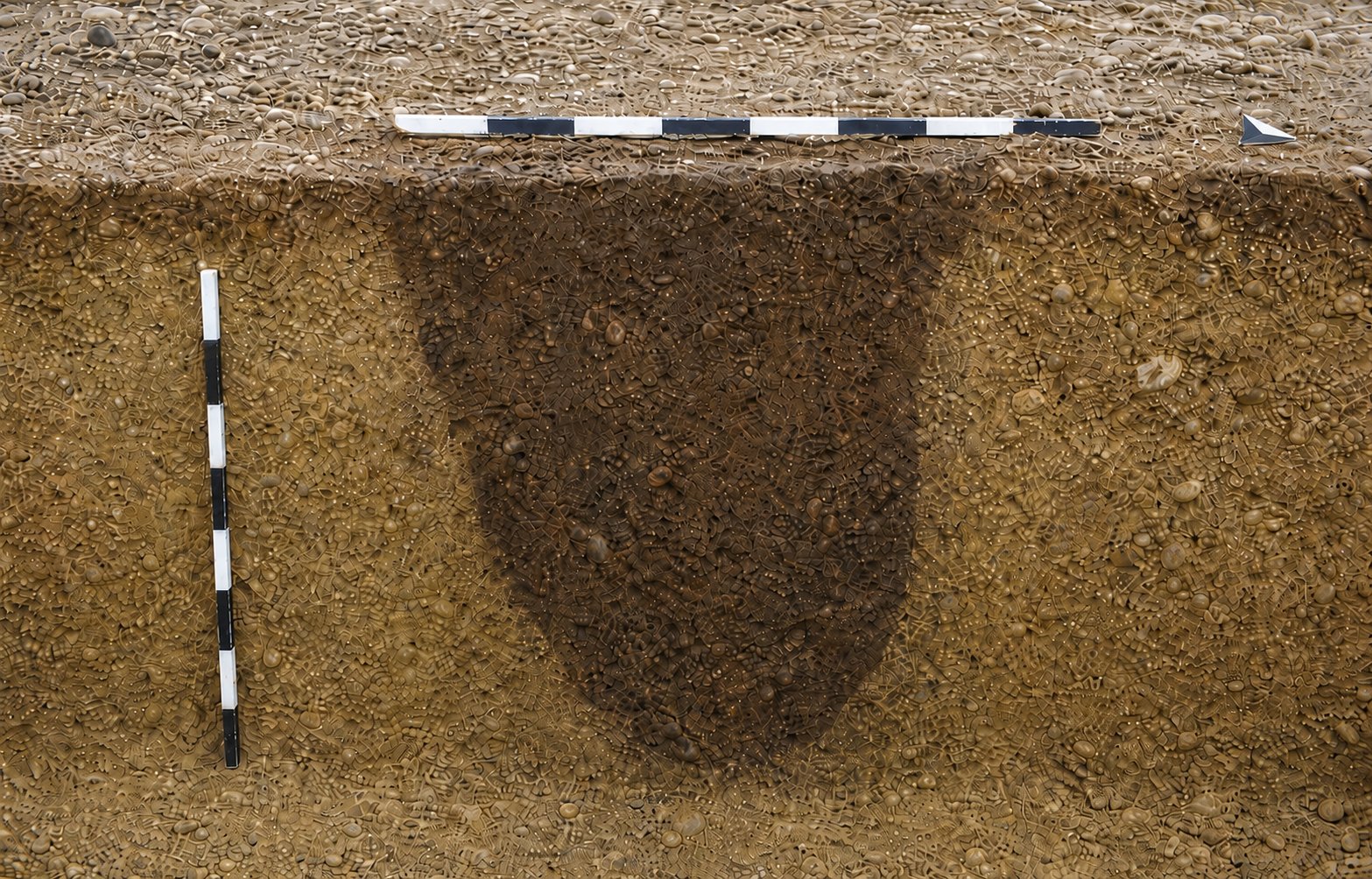 Archäologisches Profil mit Nordpfeil und Messlatten